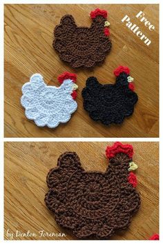 crocheted chicken appliques are shown in three different colors and sizes, one is black, the other is white