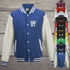 **College Jacket Varsity Jacket with custom print** Here we offer you a college jacket with your desired print. The jacket is ideal for individual messages, desired names, numbers...for clubs, for the family, for birthdays, for school, for club sports, dance clubs, Football clubs, carnival clubs, tennis, handball, darts, skateboarding, bowling, Fishing, work clothes, universities, colleges, gardening, school sports, football, workshops.... the right thing for big and small, for grandma and grand Long Sleeve Varsity Jacket With Team Name For Sports, Team-colored Long Sleeve Varsity Jacket With Team Name, Team Spirit Varsity Jacket For Sports Events, Team-colored Varsity Outerwear With Team Name, Team-colored Long Sleeve Track Jacket For College, Sports Team Varsity Jacket, Varsity Jacket With Long Sleeves For Sports Season, Collegiate Long Sleeve Track Jacket For Sports Events, School Outerwear With Baseball Collar