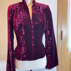 Burgandy Velvety Jacquard Patterned Dressy Jacket. Can Be Worn Over Dresses In This Closet. Very Form Fitting With Covered Buttons.Size 4. Worn Only Several Times. Bought At Neiman Marcus In 2003 For $600. Dressy Jackets, Carmen Marc Valvo, Jacquard Pattern, Red Purple, Blazer Suit, Neiman Marcus, Suit Jacket, Jackets & Coats, Jackets For Women