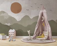 a child's room with mountains and clouds painted on the wall, including a canopy bed