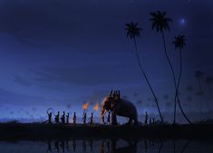 an elephant with people standing around it at night