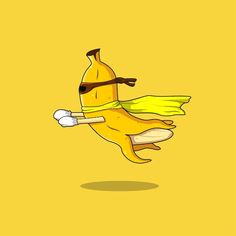 a cartoon banana flying through the air with sunglasses on it's head and arms