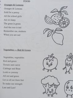 an open book with pictures of fruits and vegetables on it's page, which includes instructions for how to draw them