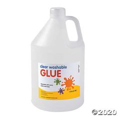 a gallon of clear washable glue on a white background