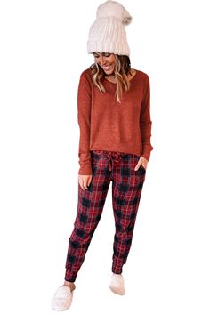 Solid Long Sleeve Top and Plaid Pants Loungewear Cozy Winter Pajama Party Pants, Cozy Winter Pants For Pajama Party, Casual Winter Sleepwear With Elastic Waistband, Casual Bottoms For Pajama Party In Fall, Casual Pants For Fall Pajama Party, Casual Winter Sleepwear With Pockets, Casual Long Pants Sleepwear For Fall, Casual Red Sleepwear For Fall, Casual Sleepwear With Pockets For Winter