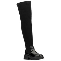 Make a bold statement with these eye-catching over-the-knee boots for women, designed to blend attitude with style. Featuring a luxe mixed material upper crafted from soft knit and sleek patent construction, these stylish lug sole boots are perfect for any occasion. The convenient pull-on style ensures easy wear, while the wide fit offers comfort for all-day adventures. Whether you're dressing up for a night out or adding flair to your everyday look, these boots are a must-have addition to your Sock Ankle Boots, Lug Sole Boots, Fashion To Figure, Shoes Boots Ankle, Closed Toe Shoes, Chelsea Ankle Boots, Chunky High Heels, Wide Boots, Boots For Women