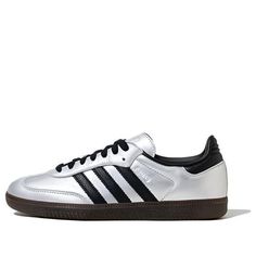 (WMNS) adidas Samba OG 'Silver Metallic Black Gum' JI4218 Silver Adidas, Sporty Silver Sneakers With Contrast Sole, Silver Sneakers With Rubber Sole For Streetwear, Adidas Silver Sneakers With Boost Midsole, Adidas Silver Sporty Sneakers, Silver Sambas, Metallic Sneakers With Rubber Sole For Streetwear, Metallic Sneakers For Sports, Metallic Round Toe Sneakers For Sports