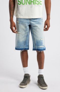 Well-faded nonstretch denim brings an old-favorite look and feel to shorts decorated with ocean-wave embroidery and relaxed with unrolled, threadbare hems. 14" inseam; 23" leg opening; 12 1/2" front rise; 16" back rise (size 32) Zip fly with button closure Five-pocket style 100% cotton Machine wash, line dry Imported Casual Distressed Dark Wash Shorts, Casual Distressed Shorts, Summer Washed Blue Rigid Denim Bottoms, Summer Washed Rigid Denim Bottoms, Washed Blue Rigid Denim Summer Bottoms, Washed Blue Rigid Denim Bottoms For Summer, Relaxed Fit Five-pocket Summer Shorts, Casual Jean Shorts With Frayed Hem For Streetwear, Relaxed Fit Summer Shorts With Five Pockets