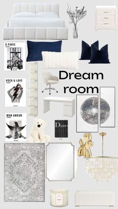 a collage of white and blue decor with the words dream room on it's side