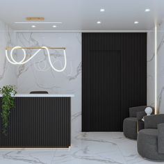 an office with marble walls and black chairs in front of the counter is illuminated by neon lights