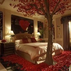 a bedroom decorated in red and white for valentine's day with a tree on the bed