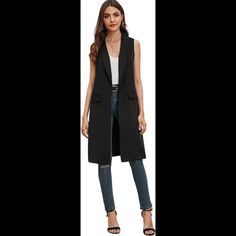 S: Shoulder: 13'', Bust: 37'', Waist Size: 34'', Length: 37'' The Long Vest Is Made Of High Quality, Soft, Comfortable And Breathable Fabric, Is Easy To Wear And You'll Fall In Love With The Easy Breezy Feel Of The Fabric. Sleeveless, Double Breasted , Open Front, Lapel Collar, Long Blazer Jacket, Fall Outfits; Sweet And Sexy Style Shows Your Unique Personal Charm And Produces An Elegant Visual Effect. Suitable For Outdoor Activities Like Business, Party, Club, Holiday, Wedding, Hanging Out Or J Sleeveless Fall Outerwear, Sleeveless Fall Workwear Outerwear, Sleeveless Outerwear For Fall Workwear, Fitted Sleeveless Outerwear For Fall, Black Workwear Vest With Pockets, Casual Fitted Sleeveless Outerwear, Fitted Sleeveless Casual Outerwear, Black Vest Outerwear For Night Out, Trendy Black Sleeveless Outerwear