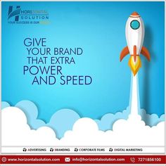 an advertisement featuring a rocket launching into the sky with words give your brand that extra power and speed