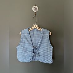 Looks Very Similar To The Fp Vest. New Without Tags. Blue Patchwork Vest For Spring, Cropped Vest Pattern Sewing, Tie Front Vest Sewing Pattern, Button Up Vest Sewing Pattern, Gingham Vest, Fitted Denim Vest With Button-up Closure, Sewing Studio, Gingham, Blue White