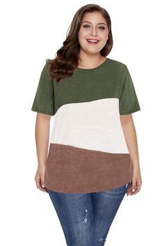 Green Plus Size Crew Neck Colorblock Tee Green Short Sleeve Spliced Tops, Green Short Sleeve Tops With Splicing, Green Crew Neck T-shirt With Splicing, Green Crew Neck Top With Contrast Color, Green Cotton Tops With Splicing, Casual Green Color Block T-shirt, Green Casual Color Block Tops, Casual Green Color Block Tops, Multicolor Cotton Tops With Splicing