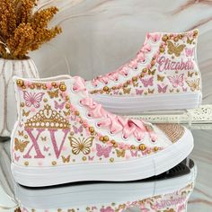 🌸 Step into your Sweet Sixteen or Quinceañera party with an air of elegance and panache, courtesy of our exquisite Flowers Style Custom Converse Shoes. These aren't your run-of-the-mill sneakers; they've undergone a regal transformation exclusively for your special birthday celebration. 🌸 Who says sneakers can't be both sophisticated and comfortable? Well, we're tossing that rulebook out the window! Our Converse shoes are tailor-made for dancing the night away without any foot-related concerns Quinceañera Converse Shoes, Converse Quinceanera Shoes, Quince Shoes Sneakers Pink, Sweet 16 Sneakers, Qunice Shoes, Pink Lace-up Wedding Shoes, Pink Quinceanera Shoes, Quinceanera Shoes Sneakers, Quinceanera Sneakers