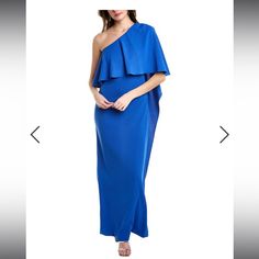 New With Tag Size 4 Blue Pre-draped Maxi Dress For Cocktail, Blue Pre-draped Evening Dress, Pre-draped Blue Evening Dress For Prom, Blue One-shoulder Cocktail Gown, Blue Pre-draped Cocktail Maxi Dress, Pre-draped Blue Maxi Dress For Cocktail, Blue Pre-draped Floor-length Evening Dress, Chic Blue Gown For Wedding, Blue One-shoulder Maxi Dress For Gala