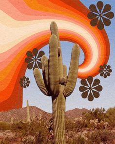 a large cactus in front of a rainbow colored sky with flowers coming out of it