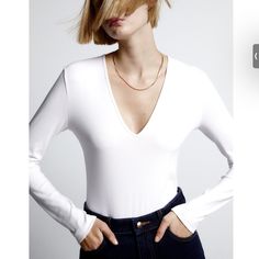 New With Tags #Mm019 Price Is Firm Collar Bodysuit, V Neck Bodysuit, Strapless Midi Dress, Ribbed Bodysuit, Zara White, Lip Oil, Polo Collar, Zara Tops, Deep V Neck