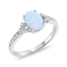 Solitaire Accent Ring 925 Sterling Silver Round CZ Oval Lab Created Opal Choose Color - Blue Apple Jewelry Engagement Rings Opal, Gem Ring, Silver Plated Jewelry, Cute Rings, Opal Ring, Sterling Silver Bands, White Opal, Opal Jewelry, Opal Rings