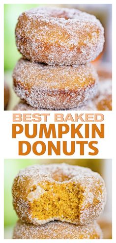 the best baked pumpkin donuts are stacked on top of each other