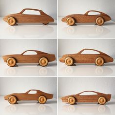 four different views of a wooden toy car