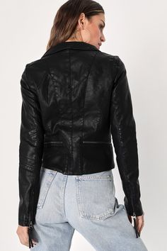 Weekday or not, spice up the night with the Lulus Up on a Tuesday Black Vegan Leather Jacket! This sleek moto jacket has a collared neckline, long sleeves with zipper cuffs, and eye-catching top-stitching throughout. Gunmetal zippers provide a centered front zipper, decorative zipper pockets, and horizontal zips above the hem. Fit: This garment fits true to size. Length: Above mid-thigh. Size medium measures 22" from shoulder to hem. Bust: Great for any cup size. Waist: Loosely Fitted. Undergarm Chic Fall Biker Jacket With Lapel Collar, Chic Biker Jacket With Lapel Collar For Fall, Fitted Collared Biker Jacket For Fall, Fitted Leather Jacket With Zipper Closure, Fitted Leather Jacket With Zipper, Trendy Fitted Leather Jacket With Lapel Collar, Spring Fitted Biker Jacket With Lapel Collar, Trendy Fitted Cropped Jacket With Lapel Collar, Fitted Biker Jacket With Lapel Collar For Spring