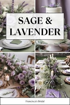 a collage of photos with lavender flowers and greenery on the table for a sage and lavender wedding