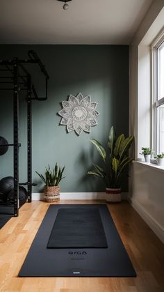 there is a yoga mat on the floor in front of a window and some plants