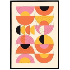 an abstract art print with circles and lines in orange, pink, yellow and black