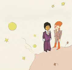 two people standing on top of a hill with stars in the sky and one person wearing a purple suit