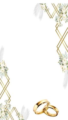 two gold wedding rings with white flowers and feathers in the corner on a white background