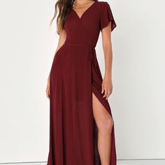 I Love This Dress But Never Worn It And Have No Occasions To Wear It To. There Have Been No Alterations, I'm 5'8 And Its Plenty Long And Would Be Perfect With A Heel. The Wrap Style Makes It Very Adjustable Too. Wrap Long Dress, Lulus Maxi Dress, Burgundy Maxi Dress, Navy Blue Maxi Dress, High Neck Maxi Dress, Dress With Split, Purple Maxi Dress, Lulus Dresses, Wrap Maxi Skirt