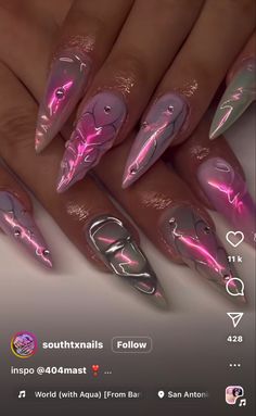 Succubus Nails, Winx Club Nails, Cosplay Nails, Y2k Pink Nails, Cyberpunk Nails, Work Appropriate Nails, Pink Chrome Nails, Chrome Nails Designs