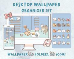 desktop wallpaper organizer set with cartoon cats and other items on the monitor, tablet or phone