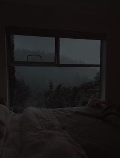 an empty bed in a dark room with a window overlooking the trees and foggy sky