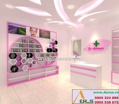 the interior of a beauty salon with pink and white decor, shelving units and shelves