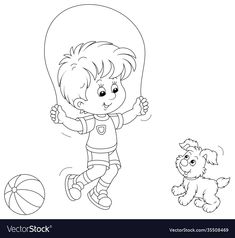 a little boy playing with a ball and a dog coloring book for kids stock illustration