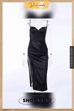 Black Silk Dress Women Sexy V-neck Sleeveless Hight Split Hem Knee-length Strap Dress Slim Summer Party Dresses Women Chic Sleeveless V-neck Party Dress, Elegant V-neck Halter Dress For Parties, Black V-neck Suspender Dress For Night Out, Summer Party Satin V-neck Dress, Sleeveless Satin V-neck Dress For Summer, Elegant V-neck Suspender Dress For Date Night, Fitted Sleeveless V-neck Dress For Party, Elegant V-neck Dress With Spaghetti Straps For Party, Satin Sleeveless Midi Dress For Party