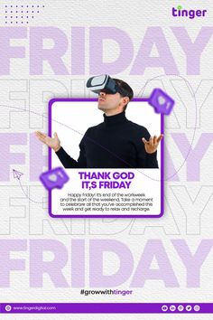 a poster with the words friday friday and a man wearing a virtual headset