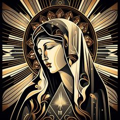 an image of the virgin mary in gold and black