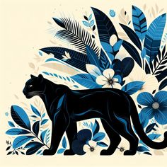 a black panther surrounded by blue flowers and leaves