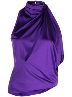 violet purple satin finish draped design high neck halterneck sleeveless Versace Top, Halterneck Top, Versace Couture, Draped Top, Designer Drapes, Purple Satin, Violet Purple, Cut Out Top, Womens Jersey