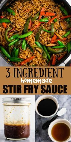 three ingredient homemade stir fry sauce in a skillet and two mugs of coffee