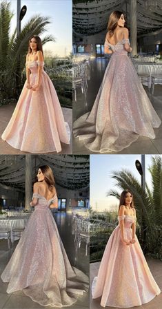 Women's Long Sparkly Prom Dress, Off The Shoulder Floor Length Evening Gown. Off The Shoulder Fancy Dress, Gorgeous Prom Dresses Ball Gown, Prom Sparkly Dresses, Aurora Prom Dress, Evening Gown Aesthetic, Pink Prom Aesthetic, Prom Dresses Pink Sparkle, Glittery Long Dress, Prom Dress Korean