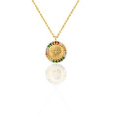 This is part of Chairish’s Fine Jewelry assortment.  Multi Sapphire Disc Pendant Necklace with Chain in 18K Gold studded with round cut multi sapphires and round cut diamonds. This stunning piece of jewelry instantly elevates a casual look or dressy outfit.  Sapphire stimulates concentration and reduces stress. Designed with a gold goin with a star engraved in center in which a diamond is set and multi sapphires set around the side of the coin making a stunning delicate necklace. This is a perfe Yellow Gold Jeweled Necklace, Dressy Outfit, Lapis Necklace, Mother Daughter Gifts, Multi Sapphire, Gold Cross Necklace, Gold Charm Necklace, Circle Diamond, Crescent Moon Necklace