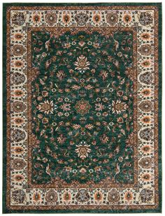 a green rug with an ornate design on the center and bottom, surrounded by flowers