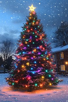 a brightly lit christmas tree in the snow