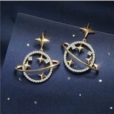 Fashion Earrings Stud Dangle Hollow Star Moon Planet Rhinestone Women Gift Fashion Earrings Studs, Stars Earrings, Planet Earrings, Fashion Star, Cvd Diamond, Italian Craftsmanship, Cute Stars, Star Moon, Diamond Star