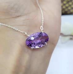 This Pendant Is Made From 925 Sterling Silver. This Pendant Is Finely Polished to Give a Brilliant Mirror Finish. With Rejuvenating Design and Sleek Appearance, This Pendant Looks Stunning on You. Materials:- Silver (925 Solid Sterling Silver) Item Weight :- 14 Grams Approx.  Primary Stone:- Natural Purple Amethyst  Stone Size :- 15x20 MM Stone Shape :- Oval Checker Cut This Pendant Is Made From 925 Sterling Silver. This Pendant Is Finely Polished to Give a Brilliant Mirror Finish. With Rejuvena Large Amethyst Necklace, Faceted Oval Purple Jewelry, Oval Amethyst Birthstone Necklaces, Oval Lavender Gemstone Necklace, Purple Oval Sterling Silver Gemstones, Purple Oval Gemstone Necklace, Faceted Oval Sterling Silver Necklaces, Oval Faceted Sterling Silver Necklaces, Faceted Oval Sterling Silver Necklace